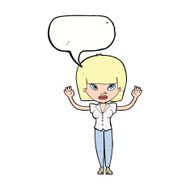 cartoon woman with raised hands speech bubble N9