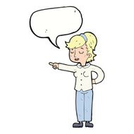 cartoon friendly woman pointing with speech bubble N9