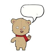 cartoon waving teddy bear with scarf speech bubble