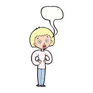 cartoon woman gesturing at self with speech bubble N25