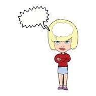 cartoon woman with folded arms imagining speech bubble N9