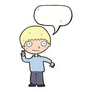 cartoon boy giving peace sign with speech bubble N8