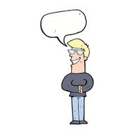 cartoon grinning man with glasses speech bubble