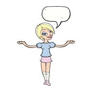 cartoon woman making open arm gesture with speech bubble N9
