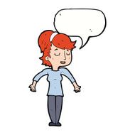 cartoon friendly woman shrugging shoulders with speech bubble N9
