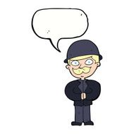 cartoon man in bowler hat with speech bubble