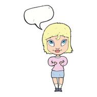 cartoon woman gesturing at self with speech bubble N26