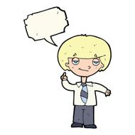 cartoon school boy answering question with speech bubble N42