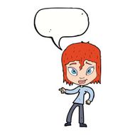 cartoon relaxed woman pointing with speech bubble N9