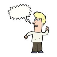 cartoon man making peace sign with speech bubble N9
