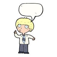 cartoon school boy with question speech bubble N9