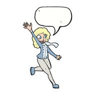 cartoon woman waving dressed for winter with speech bubble N8