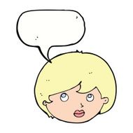 cartoon female face looking upwards with speech bubble N9