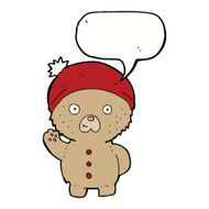 cartoon waving teddy bear in winter hat with speech bubble