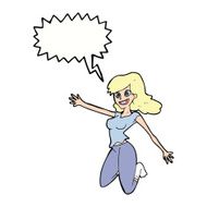 cartoon jumping woman with speech bubble N9