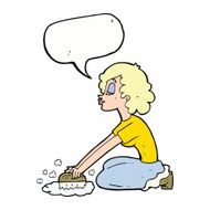 cartoon woman scrubbing floor with speech bubble N8