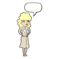 cartoon woman in trench coat with speech bubble N26