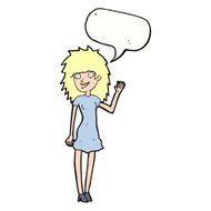 cartoon happy woman waving with speech bubble N9
