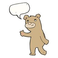 cartoon happy waving bear with speech bubble