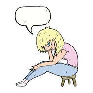 cartoon woman sitting on small stool with speech bubble N9