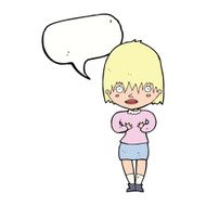 cartoon woman making Who Me? gesture with speech bubble N38