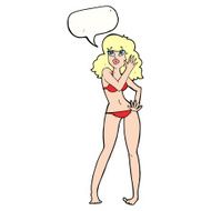 cartoon pretty woman in bikini with speech bubble N8