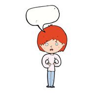 cartoon woman making Who Me? gesture with speech bubble N39