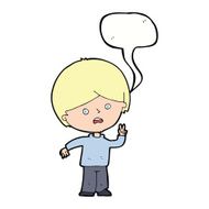 cartoon unhappy boy giving peace sign with speech bubble N9