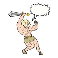 cartoon barbarian hero with speech bubble N9