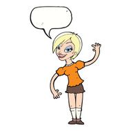 cartoon girl waving with speech bubble N25
