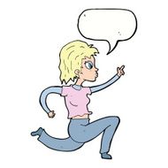 cartoon woman running and pointing with speech bubble N9