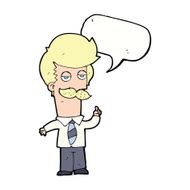 cartoon mna with mustache explaining speech bubble