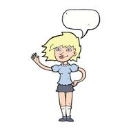 cartoon woman waving with speech bubble N299