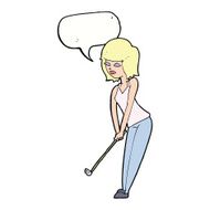 cartoon woman playing golf with speech bubble N18