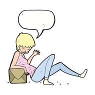 cartoon woman leaning on package box with speech bubble N9