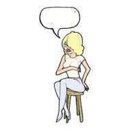 cartoon woman sitting on bar stool with speech bubble N16