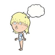 cartoon woman in swimsuit shrugging shoulders with speech bubble N5