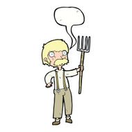 cartoon farmer with pitchfork speech bubble N9