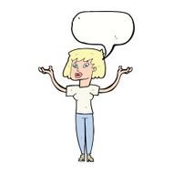 cartoon woman holding up hands with speech bubble N18