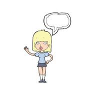 cartoon woman waving with speech bubble N305