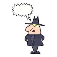 cartoon man in coat and hat with speech bubble N8