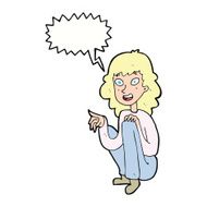 cartoon happy woman sitting and pointing with speech bubble N9