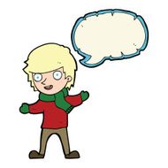 cartoon boy in winter clothes with speech bubble N9