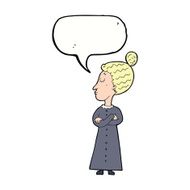 cartoon strict victorian teacher with speech bubble N8
