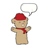 cartoon teddy bear in hat and scarf with speech bubble