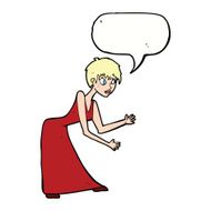 cartoon woman in dress gesturing with speech bubble N9