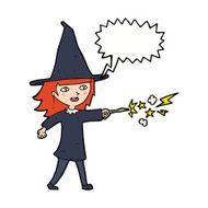 cartoon witch girl casting spell with speech bubble N18