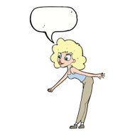 cartoon woman reaching to pick something up with speech bubble N9