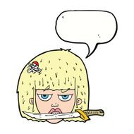 cartoon woman holding knife between teeth with speech bubble N9