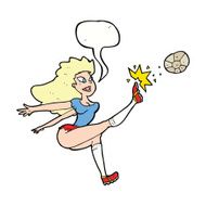 cartoon female soccer player kicking ball with speech bubble N9